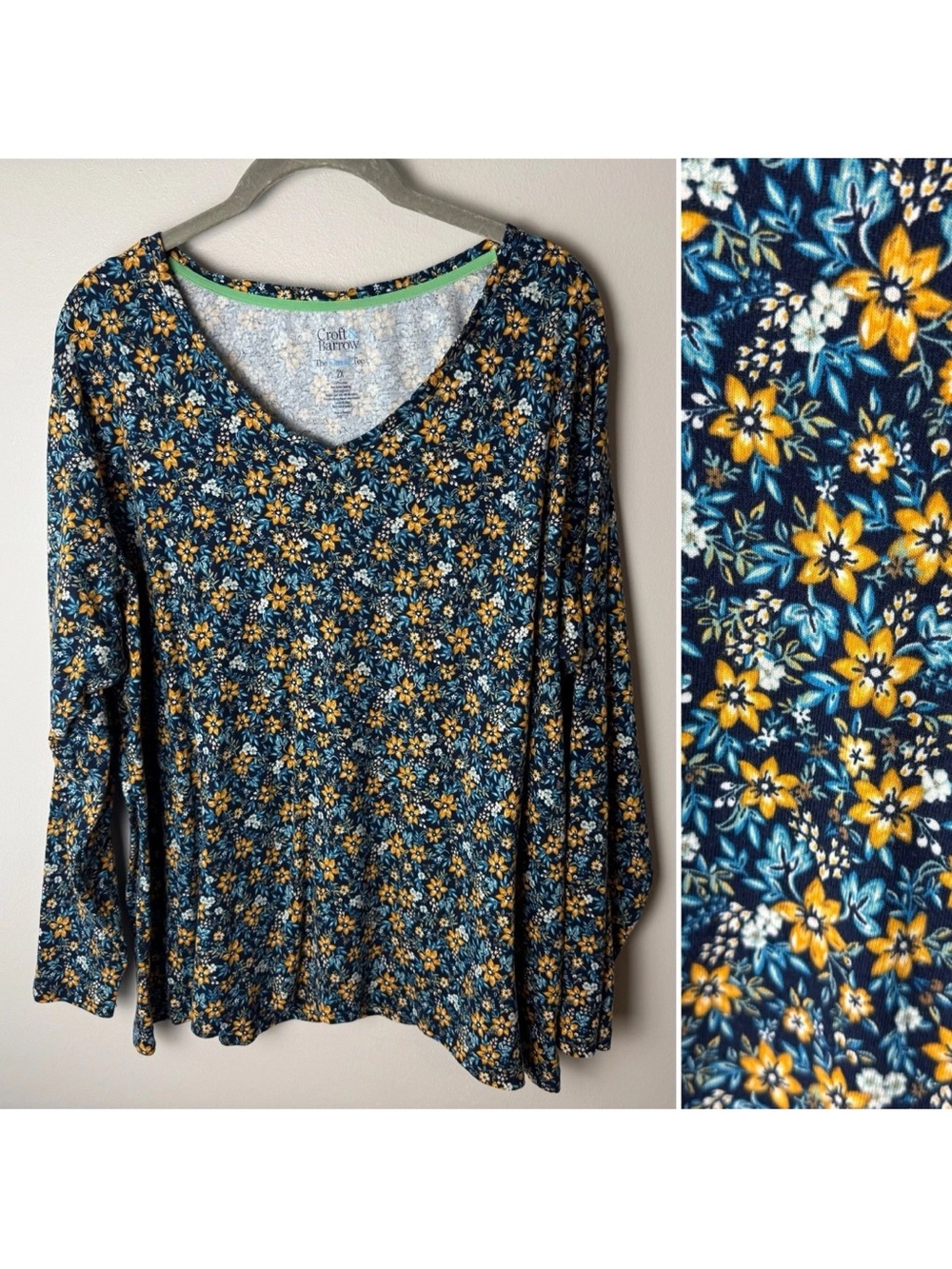 Croft & Barrow Classic Tee Top Plus Size 2X Floral Long Sleeves Stretch Navy